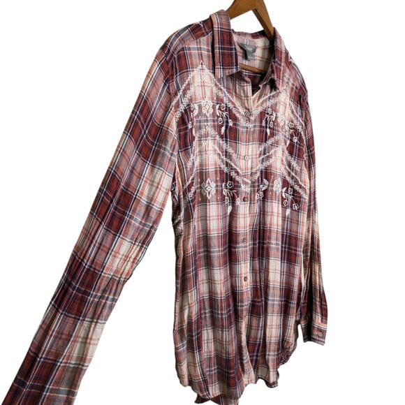 Natural Reflections Flannel Plaid Embroidered Top XL Red Cozy Cottagecore Retro - Picture 4 of 11
